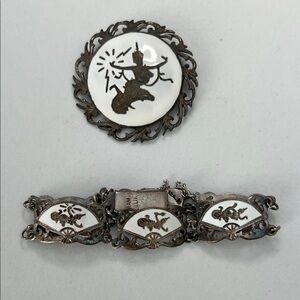 Vintage Siem Silver White and Silver Brooch and Bracelet Set